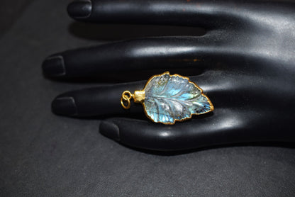 Labradorite Carved Leaf Electroplated Connector Charm, Sold By Piece ,21x33 mm ,60026