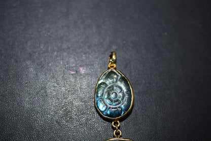 Labradorite 3 Stone Mughal Carved Long Pendant, Sold By Piece ,17x22 - 18x23 - 22x24 mm ,60027