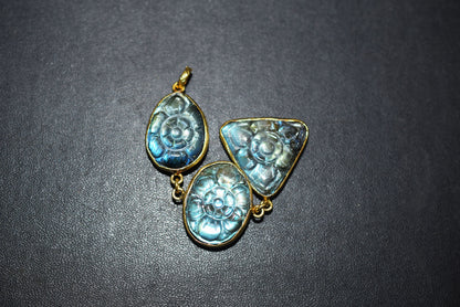 Labradorite 3 Stone Mughal Carved Long Pendant, Sold By Piece ,17x22 - 18x23 - 22x24 mm ,60027