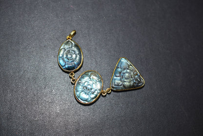 Labradorite 3 Stone Mughal Carved Long Pendant, Sold By Piece ,17x22 - 18x23 - 22x24 mm ,60027