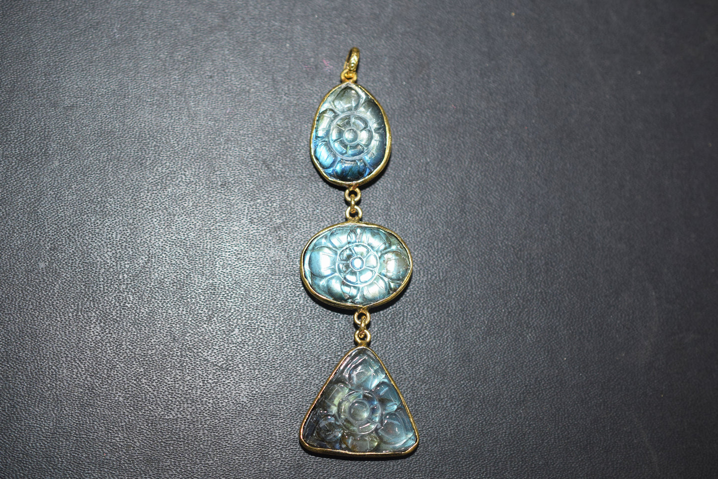 Labradorite 3 Stone Mughal Carved Long Pendant, Sold By Piece ,17x22 - 18x23 - 22x24 mm ,60027
