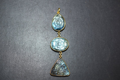 Labradorite 3 Stone Mughal Carved Long Pendant, Sold By Piece ,17x22 - 18x23 - 22x24 mm ,60027