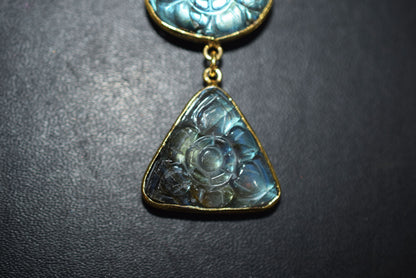 Labradorite 3 Stone Mughal Carved Long Pendant, Sold By Piece ,17x22 - 18x23 - 22x24 mm ,60027