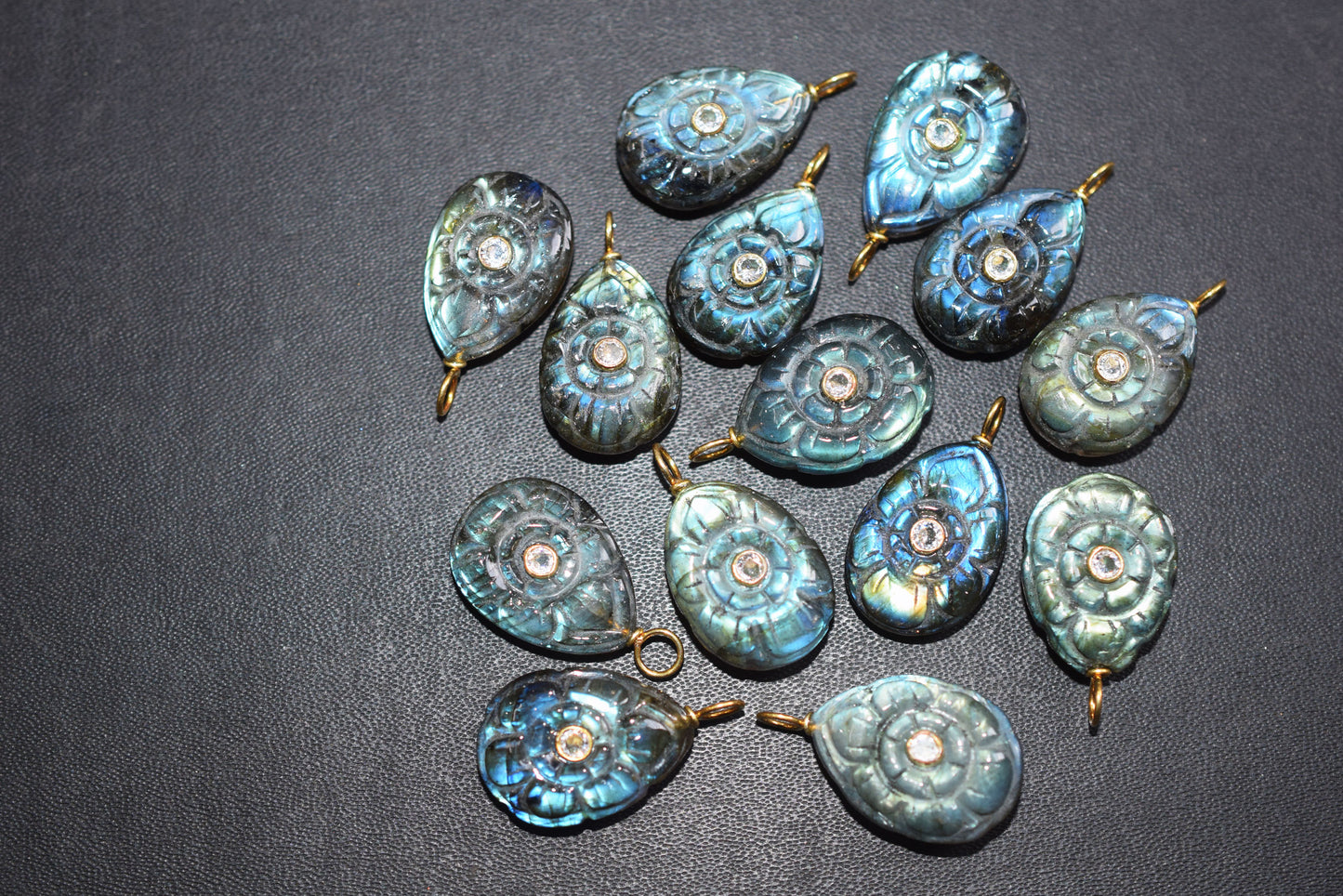 Natural Flashy Labradorite Pear Shaped Mughal Carved Inlay Charm Connector, Sold By Piece , 14x20 - 17x22 mm , 60028