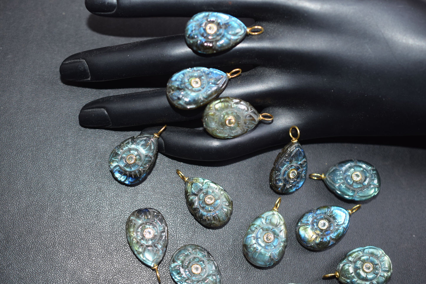 Natural Flashy Labradorite Pear Shaped Mughal Carved Inlay Charm Connector, Sold By Piece , 14x20 - 17x22 mm , 60028