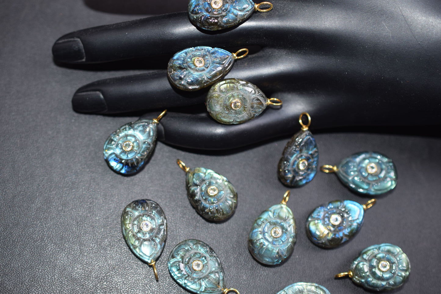 Natural Flashy Labradorite Pear Shaped Mughal Carved Inlay Charm Connector, Sold By Piece , 14x20 - 17x22 mm , 60028