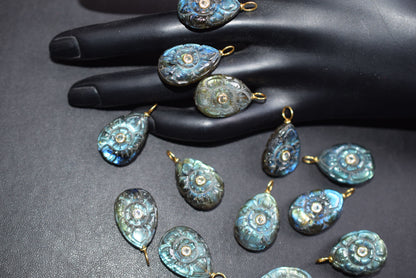 Natural Flashy Labradorite Pear Shaped Mughal Carved Inlay Charm Connector, Sold By Piece , 14x20 - 17x22 mm , 60028