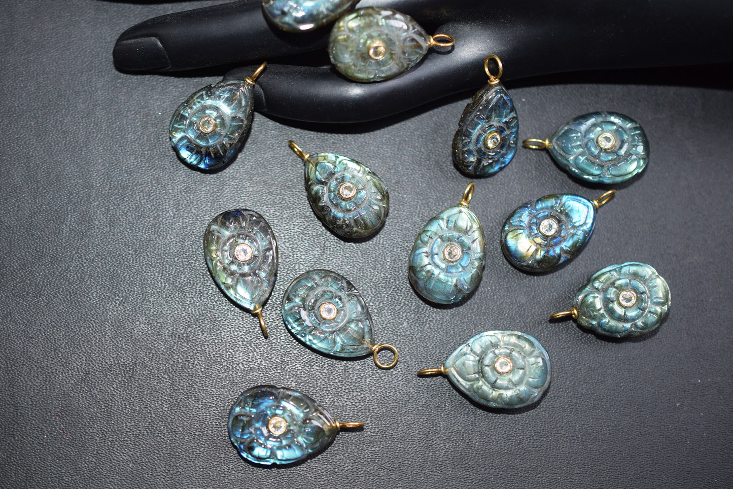 Natural Flashy Labradorite Pear Shaped Mughal Carved Inlay Charm Connector, Sold By Piece , 14x20 - 17x22 mm , 60028