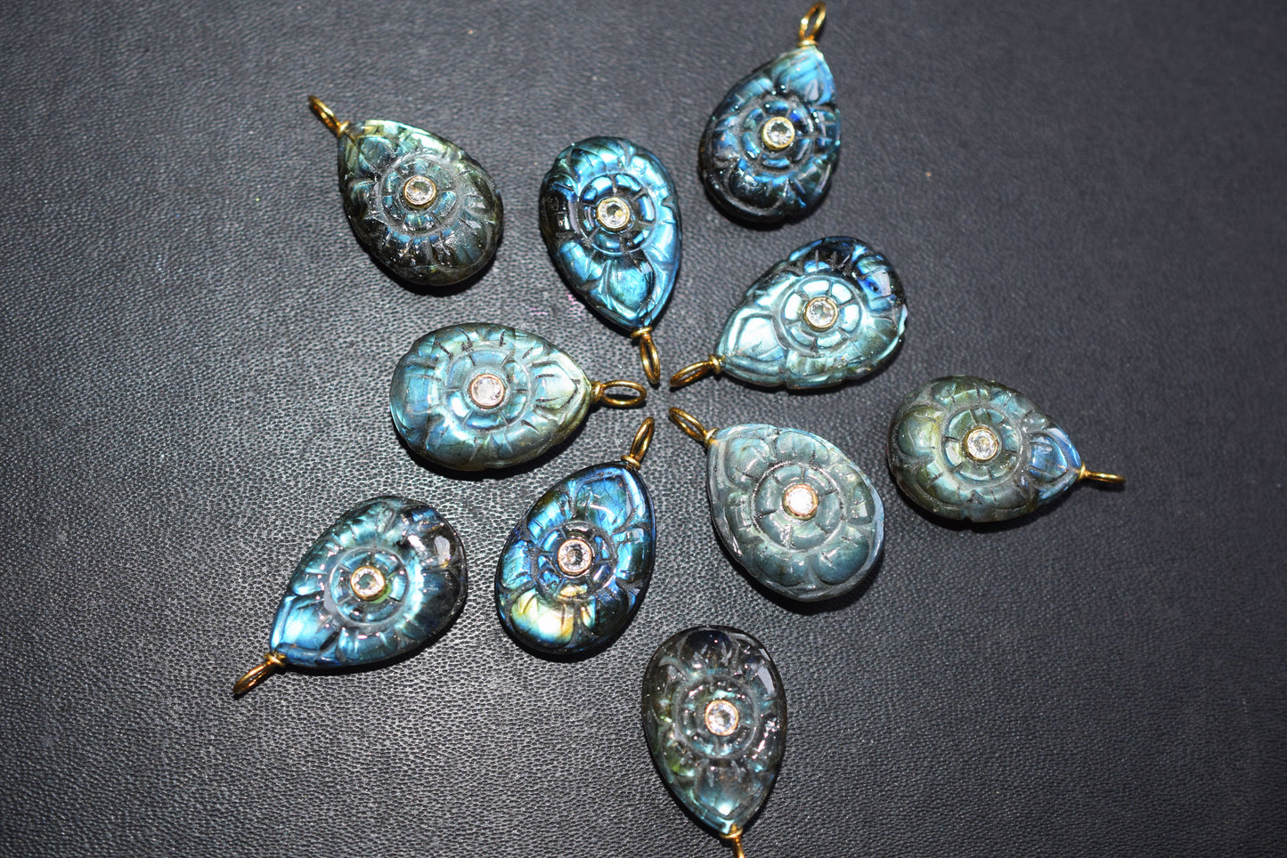 Natural Flashy Labradorite Pear Shaped Mughal Carved Inlay Charm Connector, Sold By Piece , 14x20 - 17x22 mm , 60028