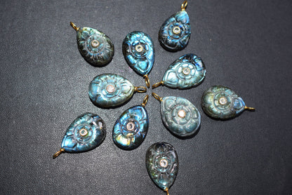 Natural Flashy Labradorite Pear Shaped Mughal Carved Inlay Charm Connector, Sold By Piece , 14x20 - 17x22 mm , 60028
