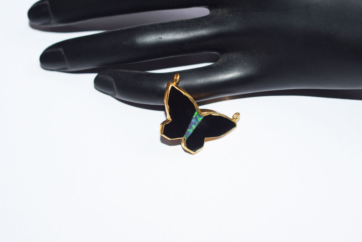 Stunning Black Onyx Inlay Ethiopian Opal Doublet Butterfly Charm, Sold By Piece ,22 mm ,60031