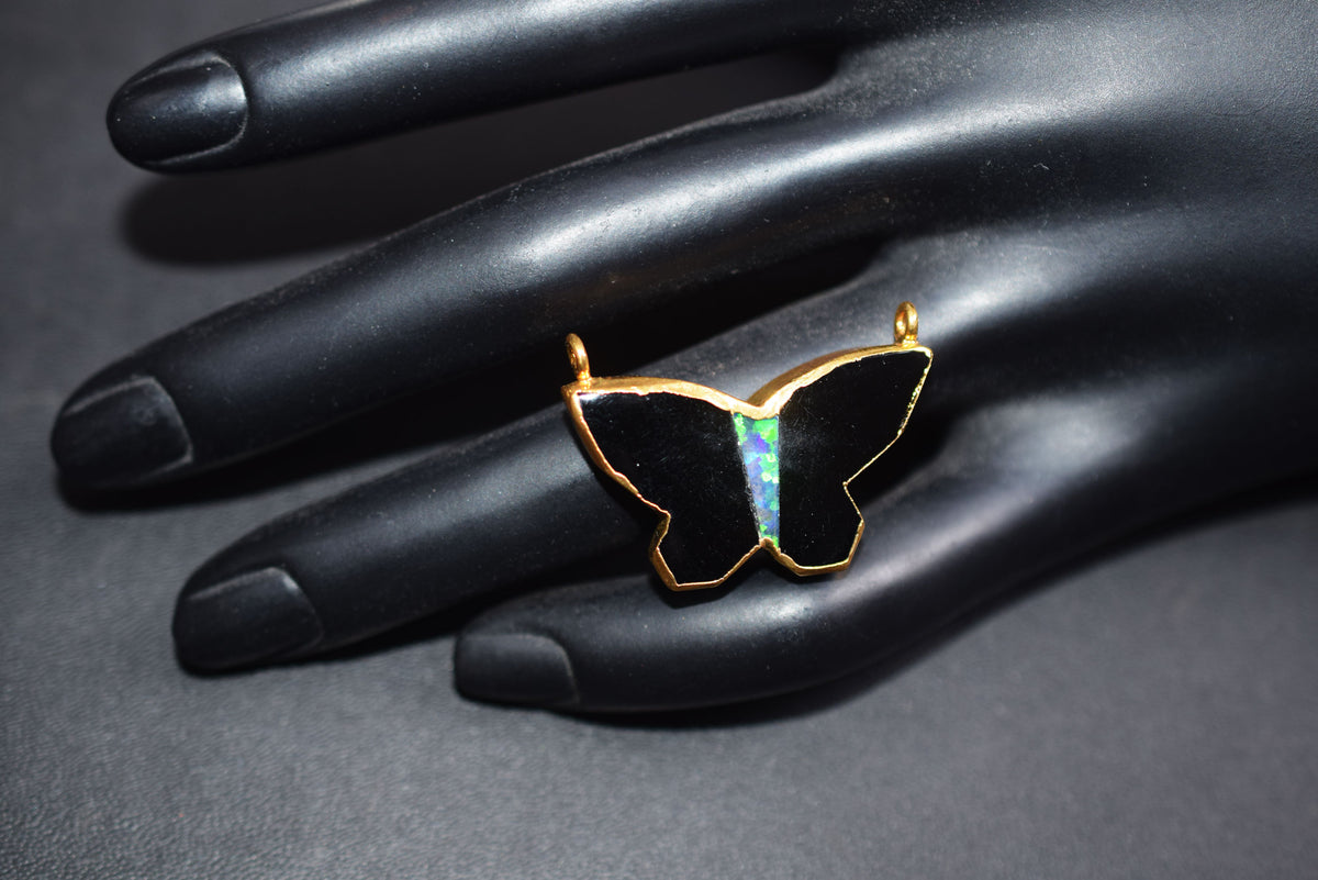 Stunning Black Onyx Inlay Ethiopian Opal Doublet Butterfly Charm, Sold By Piece ,22 mm ,60031
