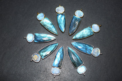 Rainbow Moonstone & Labradorite alien 2 stone pendant connector findings, Sold By Piece ,41 - 42 mm ,60034