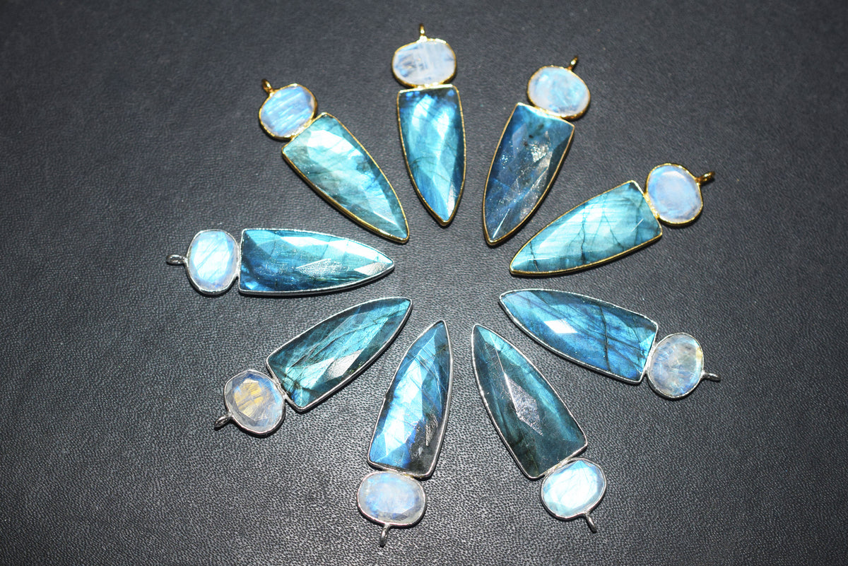 Rainbow Moonstone & Labradorite alien 2 stone pendant connector findings, Sold By Piece ,41 - 42 mm ,60034