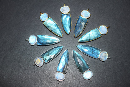 Rainbow Moonstone & Labradorite alien 2 stone pendant connector findings, Sold By Piece ,41 - 42 mm ,60034