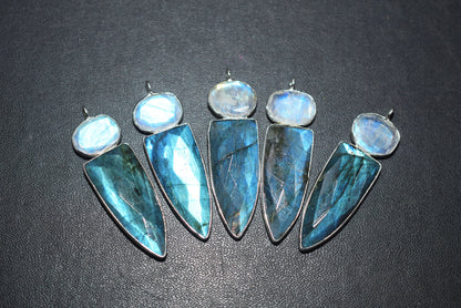 Rainbow Moonstone & Labradorite alien 2 stone pendant connector findings, Sold By Piece ,41 - 42 mm ,60034
