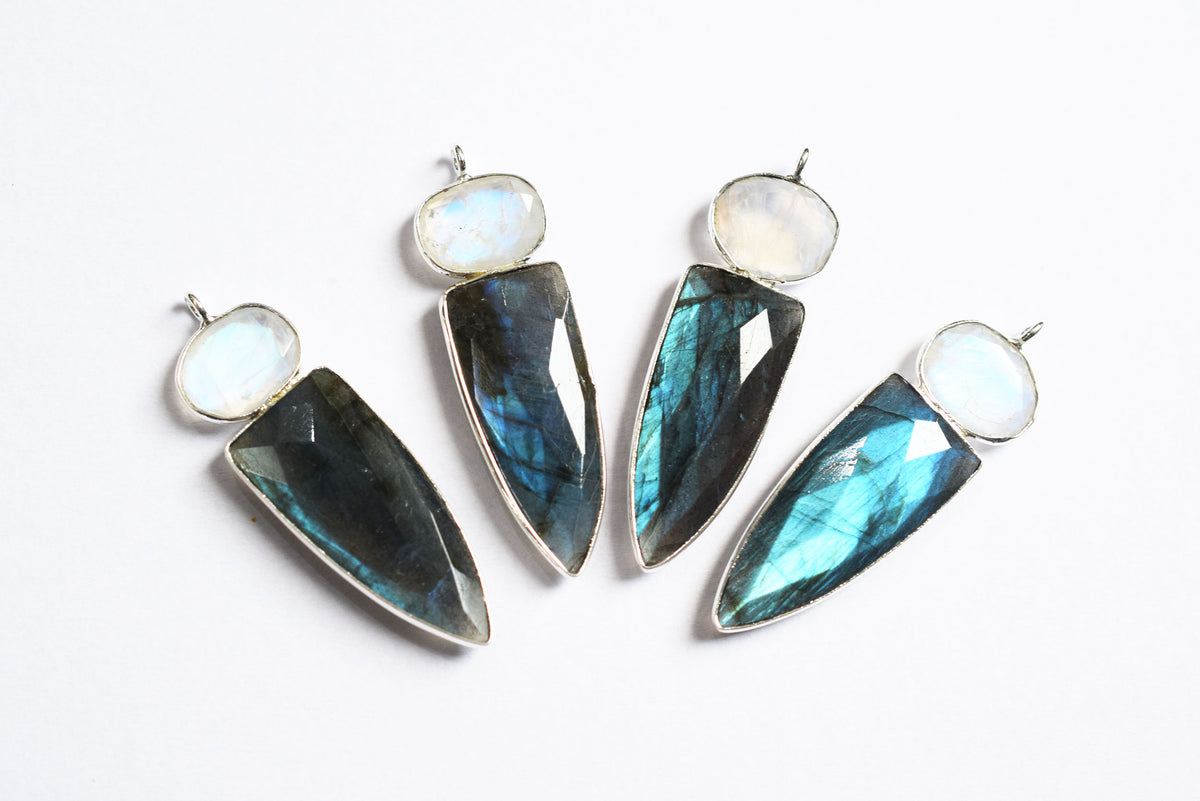 Rainbow Moonstone & Labradorite alien 2 stone pendant connector findings, Sold By Piece ,41 - 42 mm ,60034