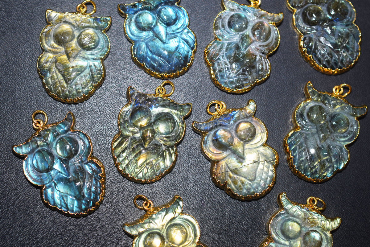 Flashy Labradorite Owl Carved Electroplated Connector Charm, Sold By Piece ,31 - 35 mm ,60037