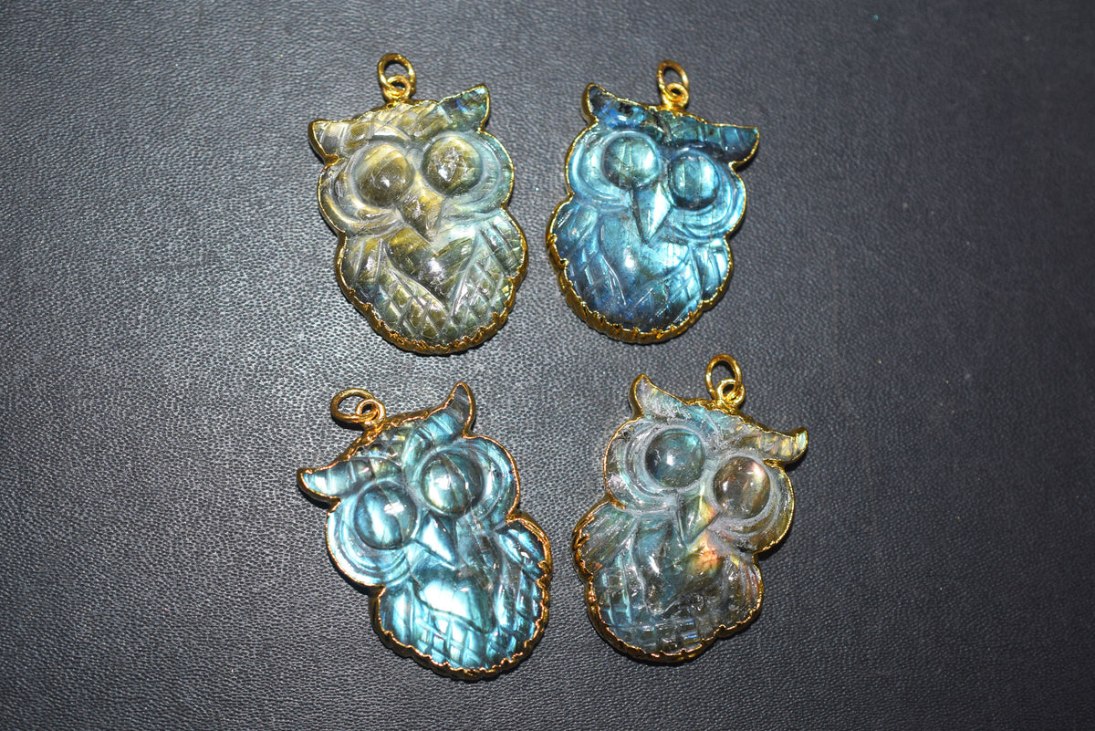 Flashy Labradorite Owl Carved Electroplated Connector Charm, Sold By Piece ,31 - 35 mm ,60037