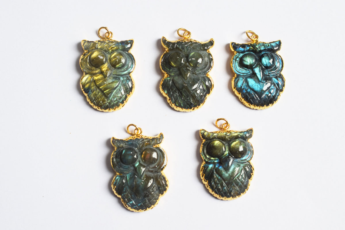 Flashy Labradorite Owl Carved Electroplated Connector Charm, Sold By Piece ,31 - 35 mm ,60037