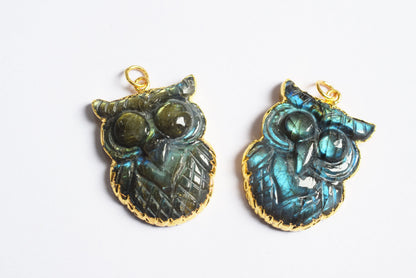 Flashy Labradorite Owl Carved Electroplated Connector Charm, Sold By Piece ,31 - 35 mm ,60037
