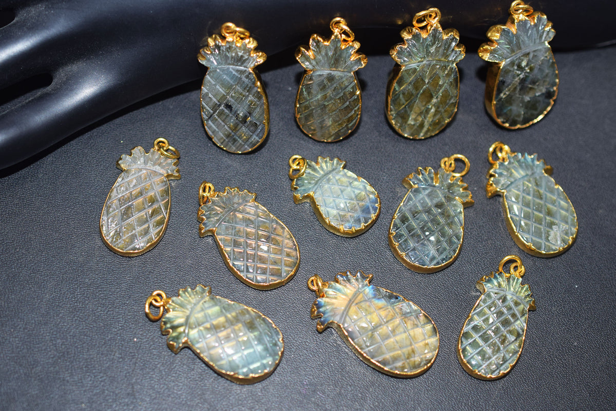 Labradorite Pineapple Carved Electroplated Connector Charm, Sold By Piece ,24 - 33 mm ,60039