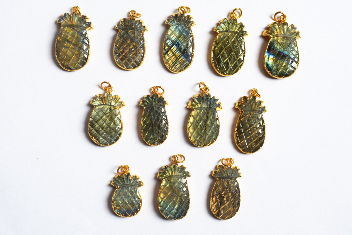 Labradorite Pineapple Carved Electroplated Connector Charm, Sold By Piece ,24 - 33 mm ,60039