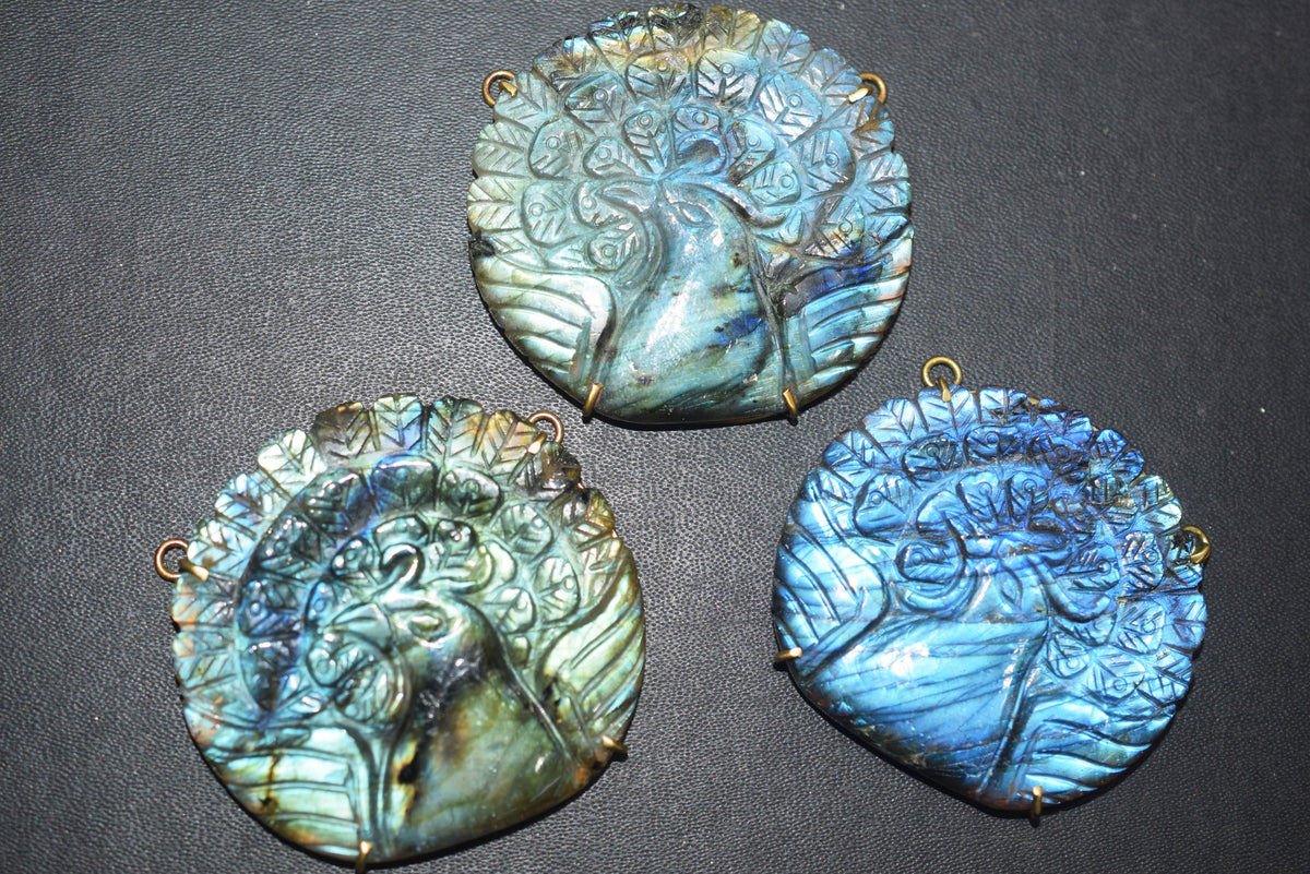 Flashy Labradorite Peacock Carved Electroplated Connector Charm, Sold By Piece ,45x48 - 47x50 mm ,60041