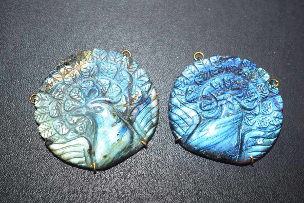 Flashy Labradorite Peacock Carved Electroplated Connector Charm, Sold By Piece ,45x48 - 47x50 mm ,60041