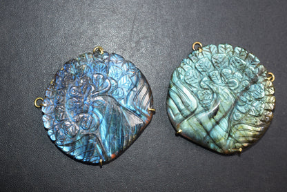 Flashy Labradorite Peacock Carved Electroplated Connector Charm, Sold By Piece ,45x48 - 47x50 mm ,60041