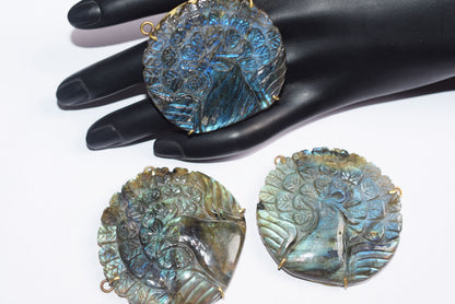 Flashy Labradorite Peacock Carved Electroplated Connector Charm, Sold By Piece ,45x48 - 47x50 mm ,60041