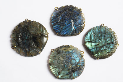 Flashy Labradorite Peacock Carved Electroplated Connector Charm, Sold By Piece ,45x48 - 47x50 mm ,60041