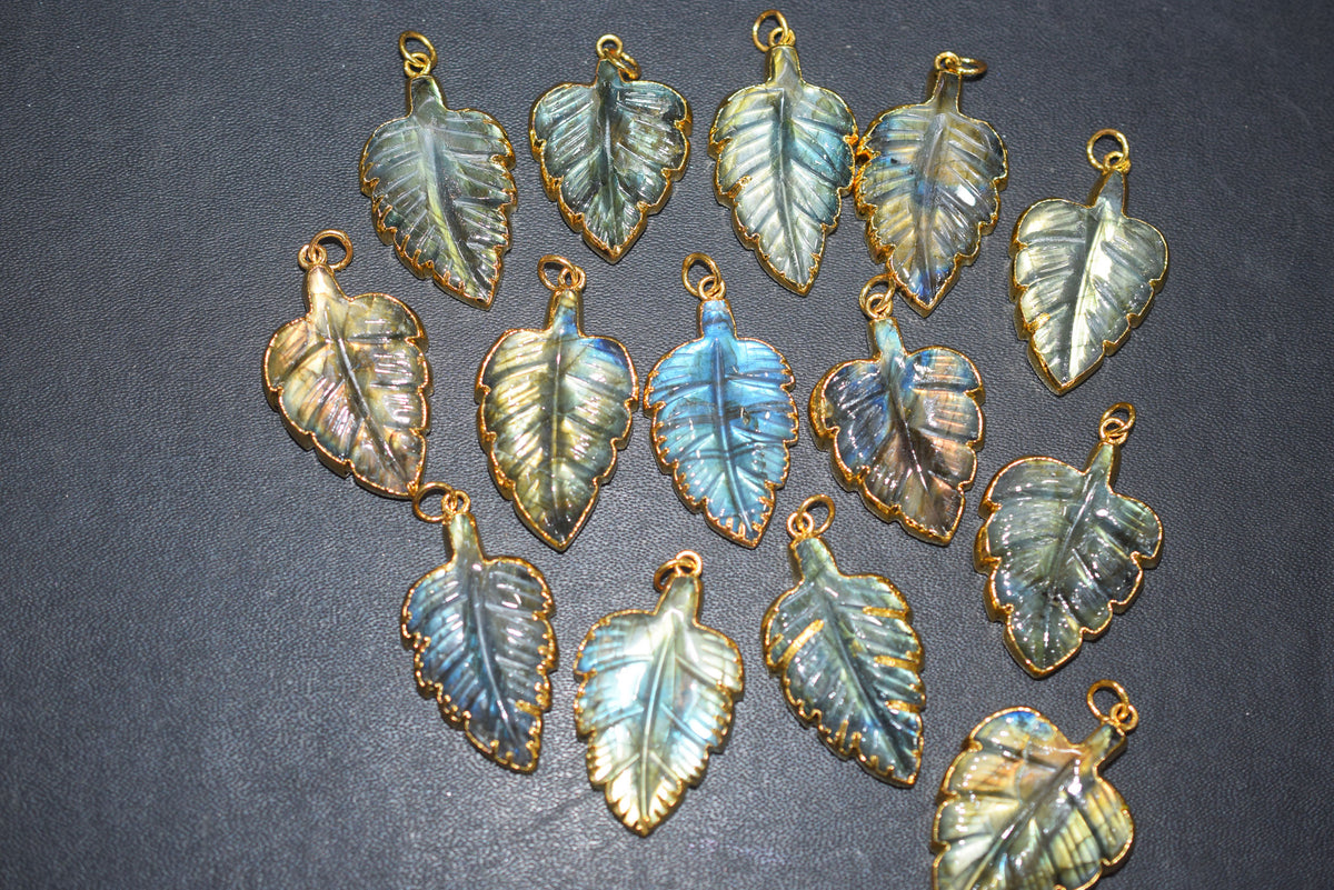 Labradorite Carved Leaf Electroplated Connector Charm, Sold By Piece ,22x30 - 24x32 mm ,60042