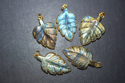 Labradorite Carved Leaf Electroplated Connector Charm, Sold By Piece ,22x30 - 24x32 mm ,60042