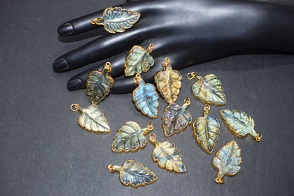 Labradorite Carved Leaf Electroplated Connector Charm, Sold By Piece ,22x30 - 24x32 mm ,60042