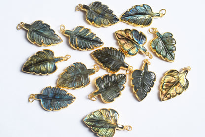 Labradorite Carved Leaf Electroplated Connector Charm, Sold By Piece ,22x30 - 24x32 mm ,60042