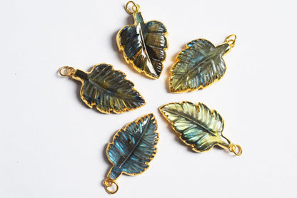 Labradorite Carved Leaf Electroplated Connector Charm, Sold By Piece ,22x30 - 24x32 mm ,60042