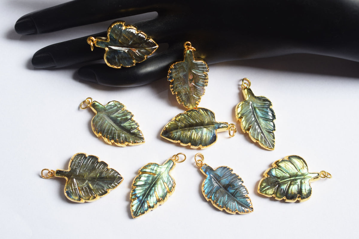 Labradorite Carved Leaf Electroplated Connector Charm, Sold By Piece ,22x30 - 24x32 mm ,60042
