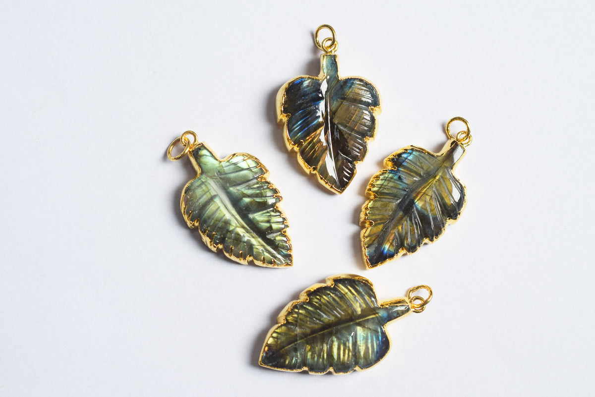 Labradorite Carved Leaf Electroplated Connector Charm, Sold By Piece ,22x30 - 24x32 mm ,60042