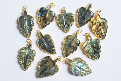 Labradorite Carved Leaf Electroplated Connector Charm, Sold By Piece ,22x30 - 24x32 mm ,60042