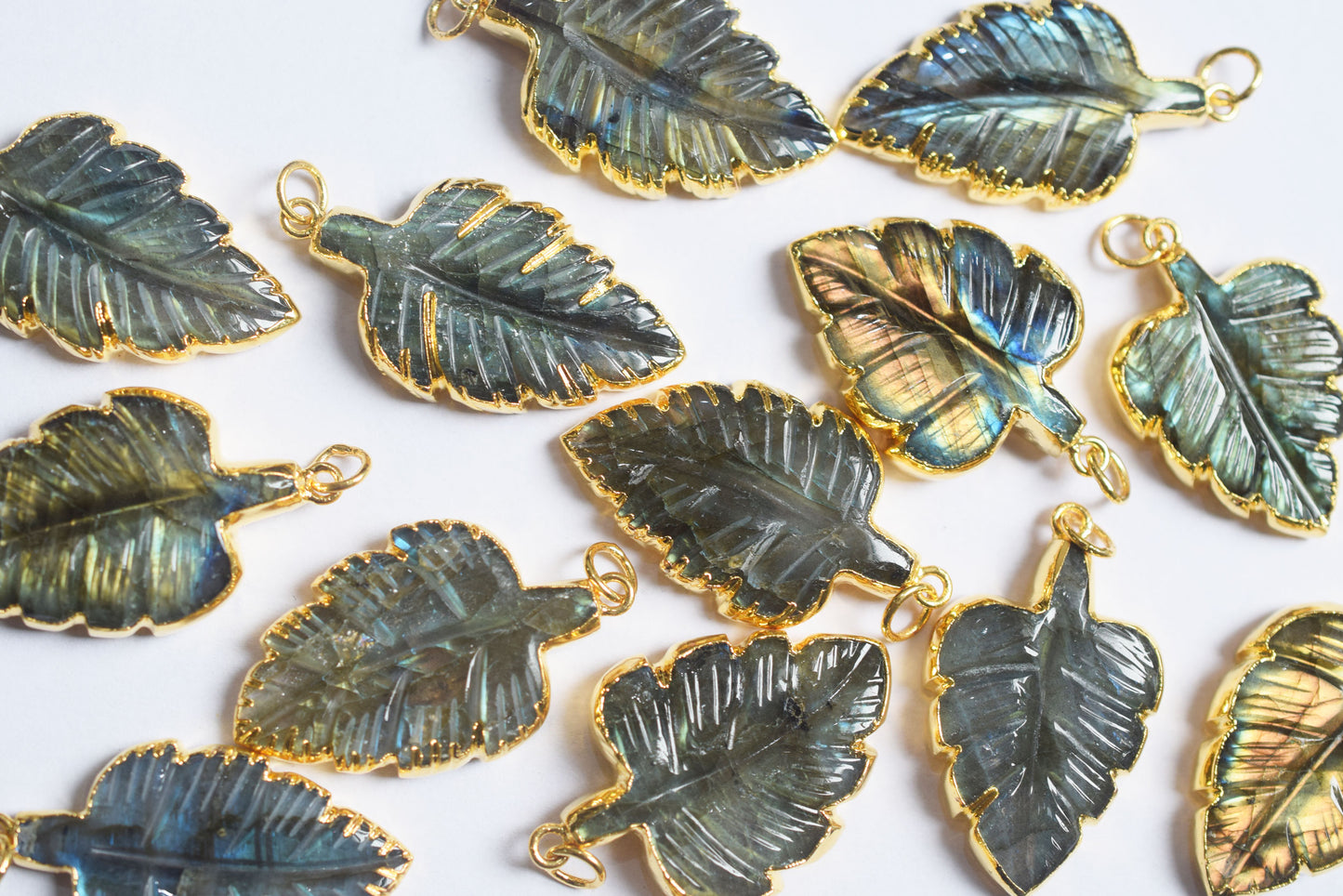 Labradorite Carved Leaf Electroplated Connector Charm, Sold By Piece ,22x30 - 24x32 mm ,60042