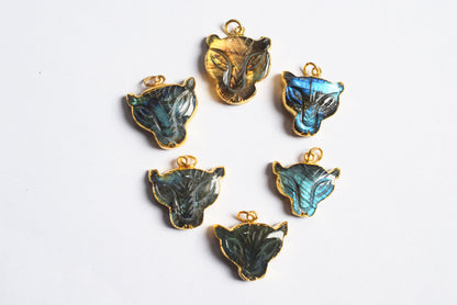 Labradorite Carved Panther Electroplated Connector Charm, Sold By Piece ,18x20 - 22x24 mm ,60043