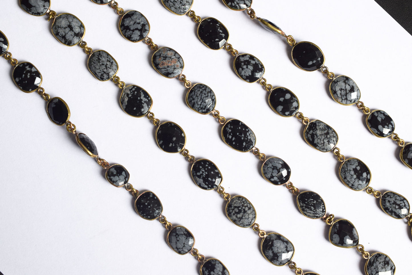 Natural Black Snow Flake Obsidian  Faceted Slice Bezel Link Chain ,10x13 to 14x18 mm - 6318