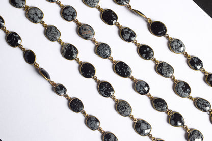 Natural Black Snow Flake Obsidian  Faceted Slice Bezel Link Chain ,10x13 to 14x18 mm - 6318