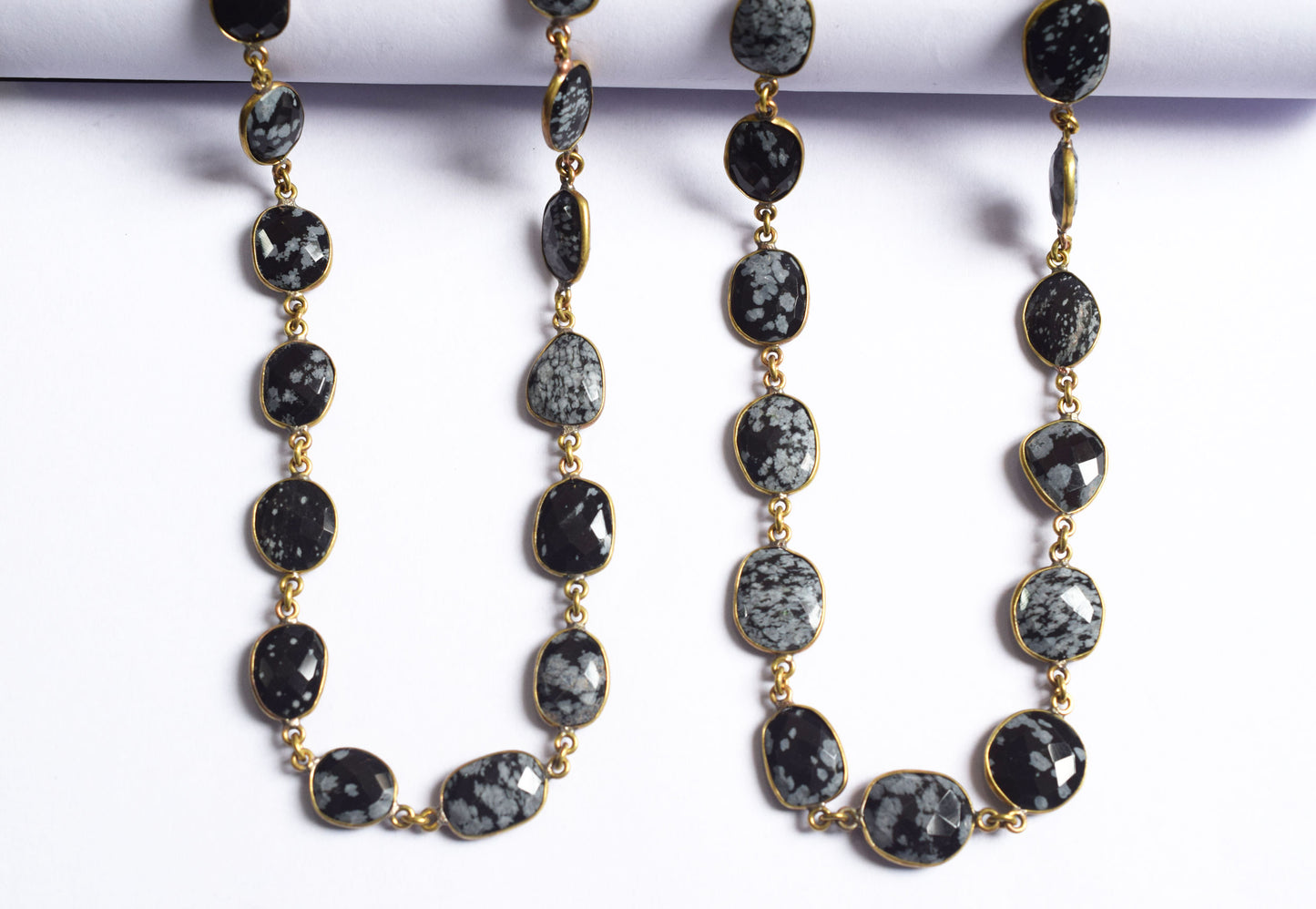 Natural Black Snow Flake Obsidian  Faceted Slice Bezel Link Chain ,10x13 to 14x18 mm - 6318