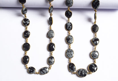 Natural Black Snow Flake Obsidian  Faceted Slice Bezel Link Chain ,10x13 to 14x18 mm - 6318