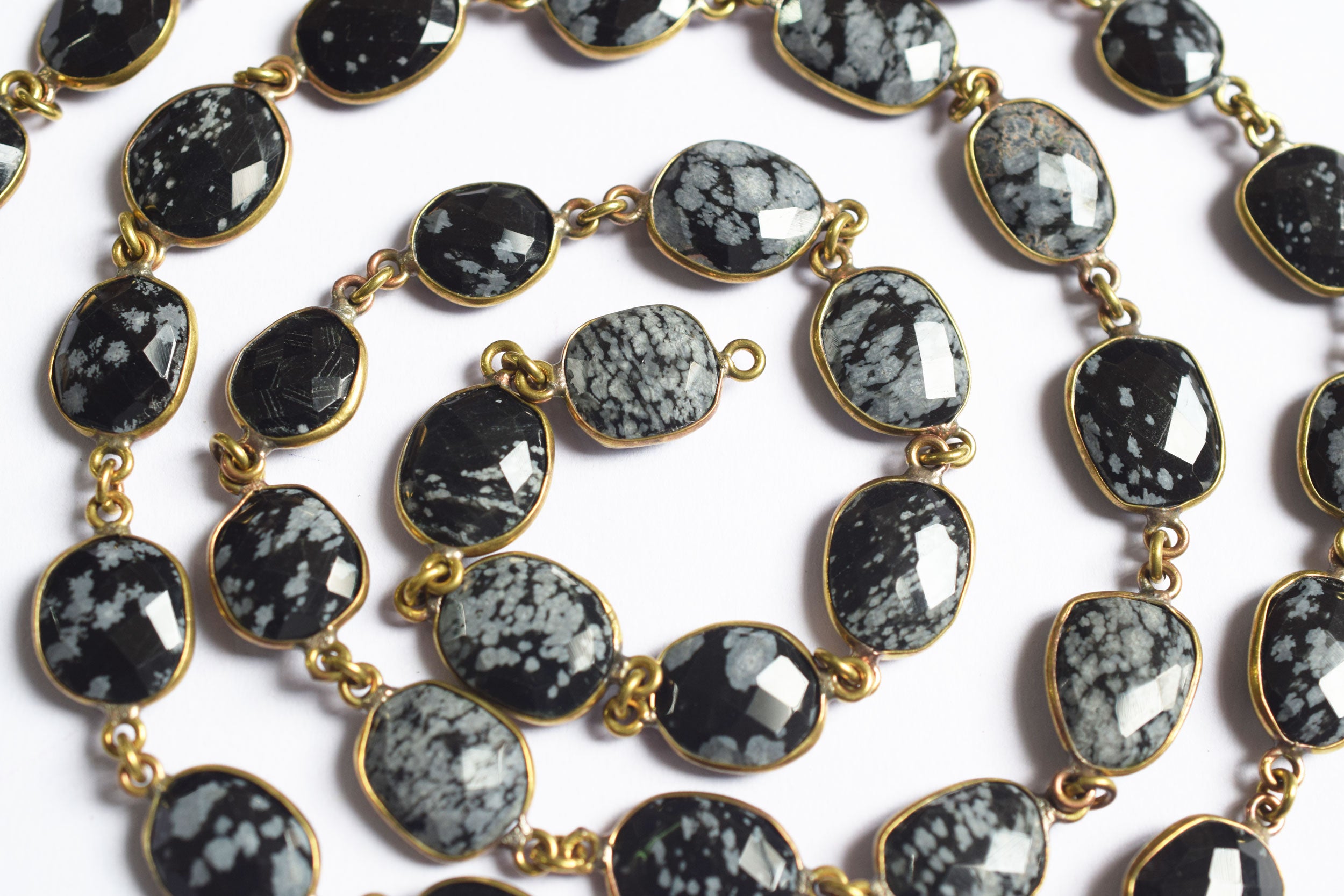 Natural Black Snow Flake Obsidian  Faceted Slice Bezel Link Chain ,10x13 to 14x18 mm - 6318