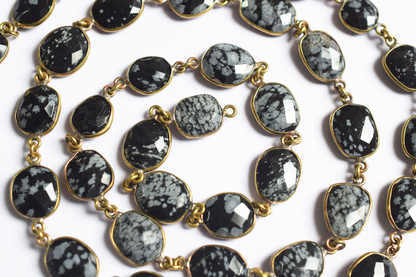 Natural Black Snow Flake Obsidian  Faceted Slice Bezel Link Chain ,10x13 to 14x18 mm - 6318