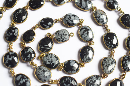 Natural Black Snow Flake Obsidian  Faceted Slice Bezel Link Chain ,10x13 to 14x18 mm - 6318
