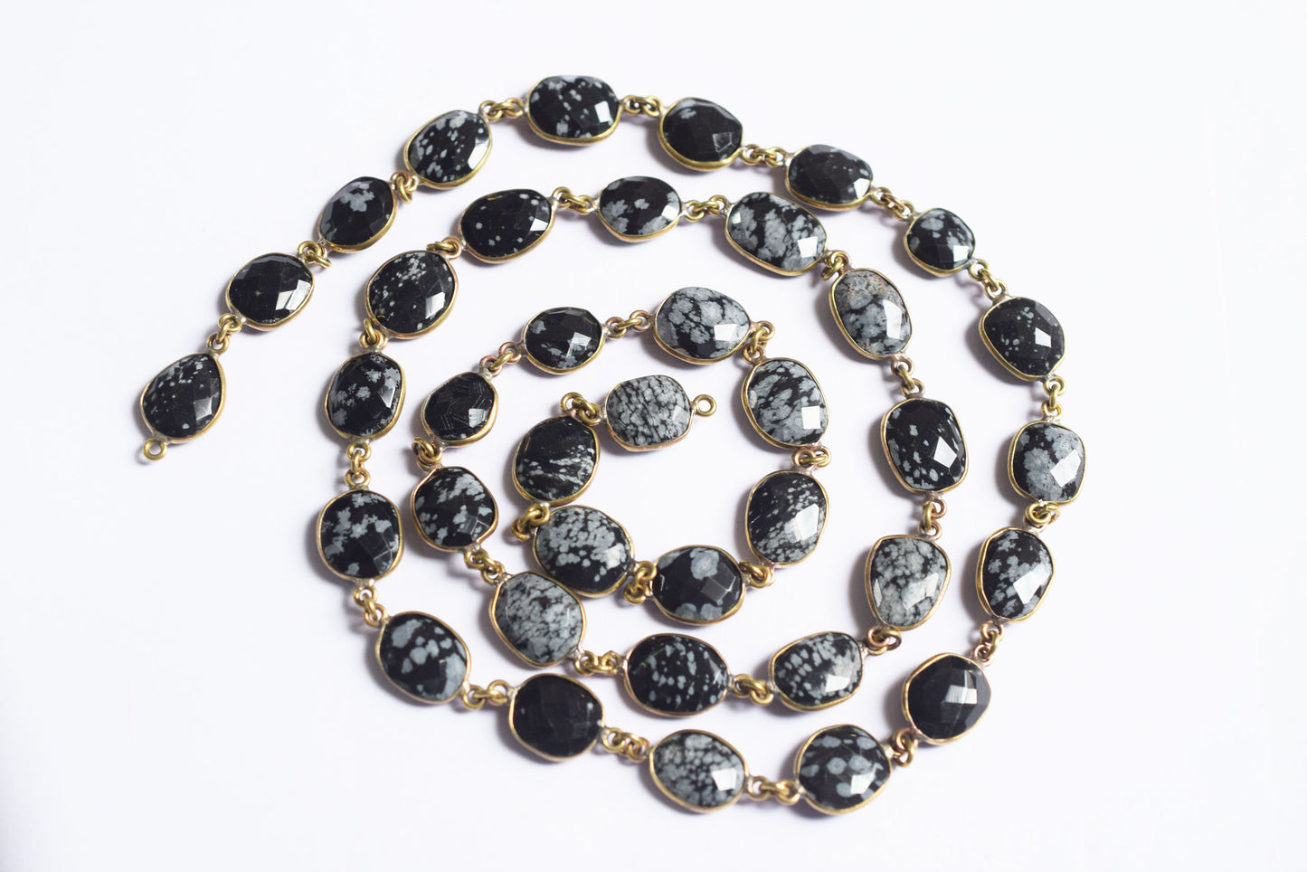 Natural Black Snow Flake Obsidian  Faceted Slice Bezel Link Chain ,10x13 to 14x18 mm - 6318